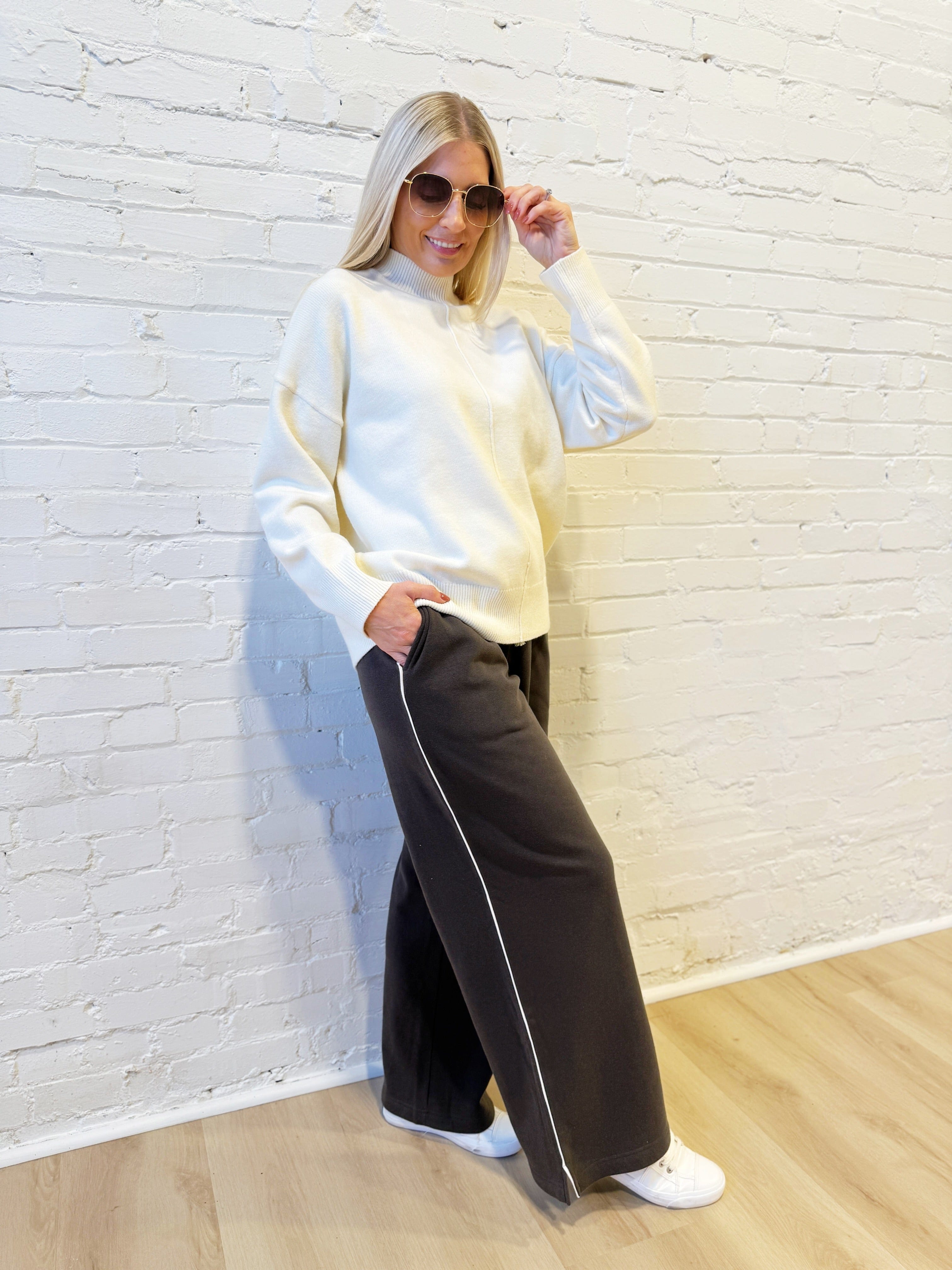 blu pepper Tops - Sweaters Front Seam Mock Neck Sweater In Cream