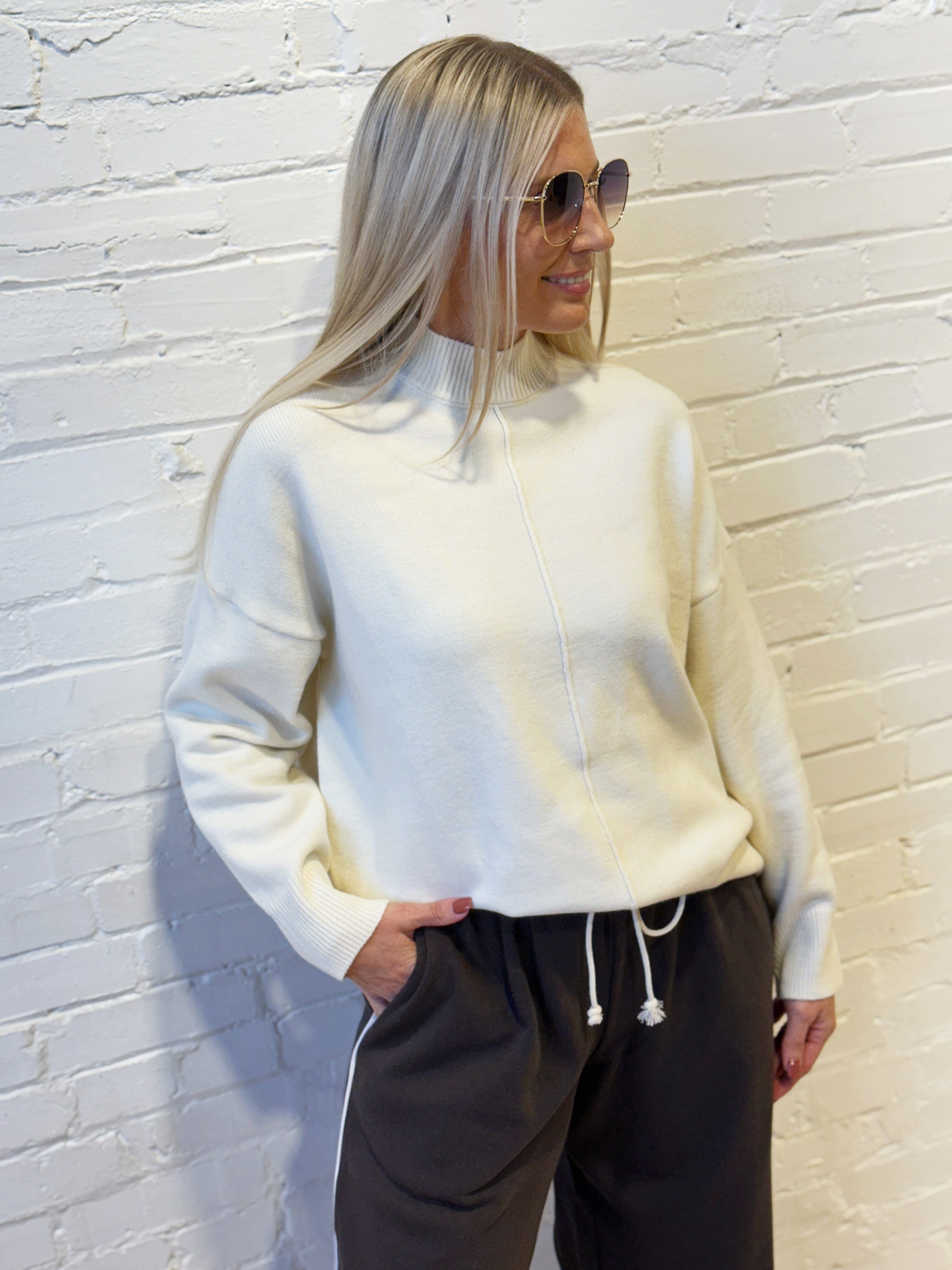 blu pepper Tops - Sweaters Front Seam Mock Neck Sweater In Cream