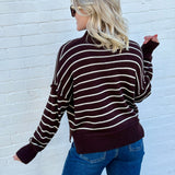 blu pepper Tops - Sweaters High Neck Stripe Sweater In Brown