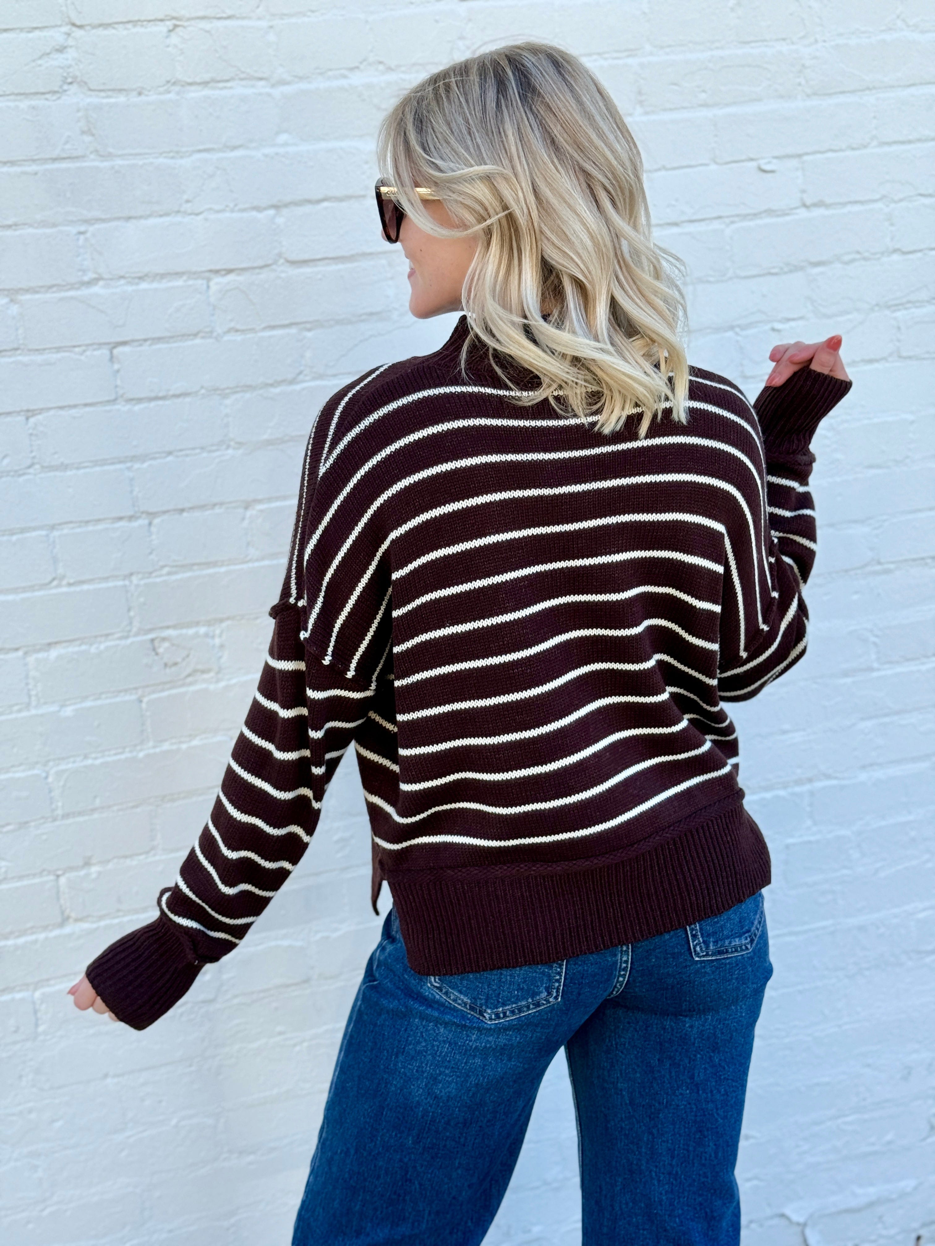 blu pepper Tops - Sweaters High Neck Stripe Sweater In Brown
