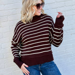 blu pepper Tops - Sweaters High Neck Stripe Sweater In Brown