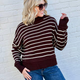 blu pepper Tops - Sweaters High Neck Stripe Sweater In Brown