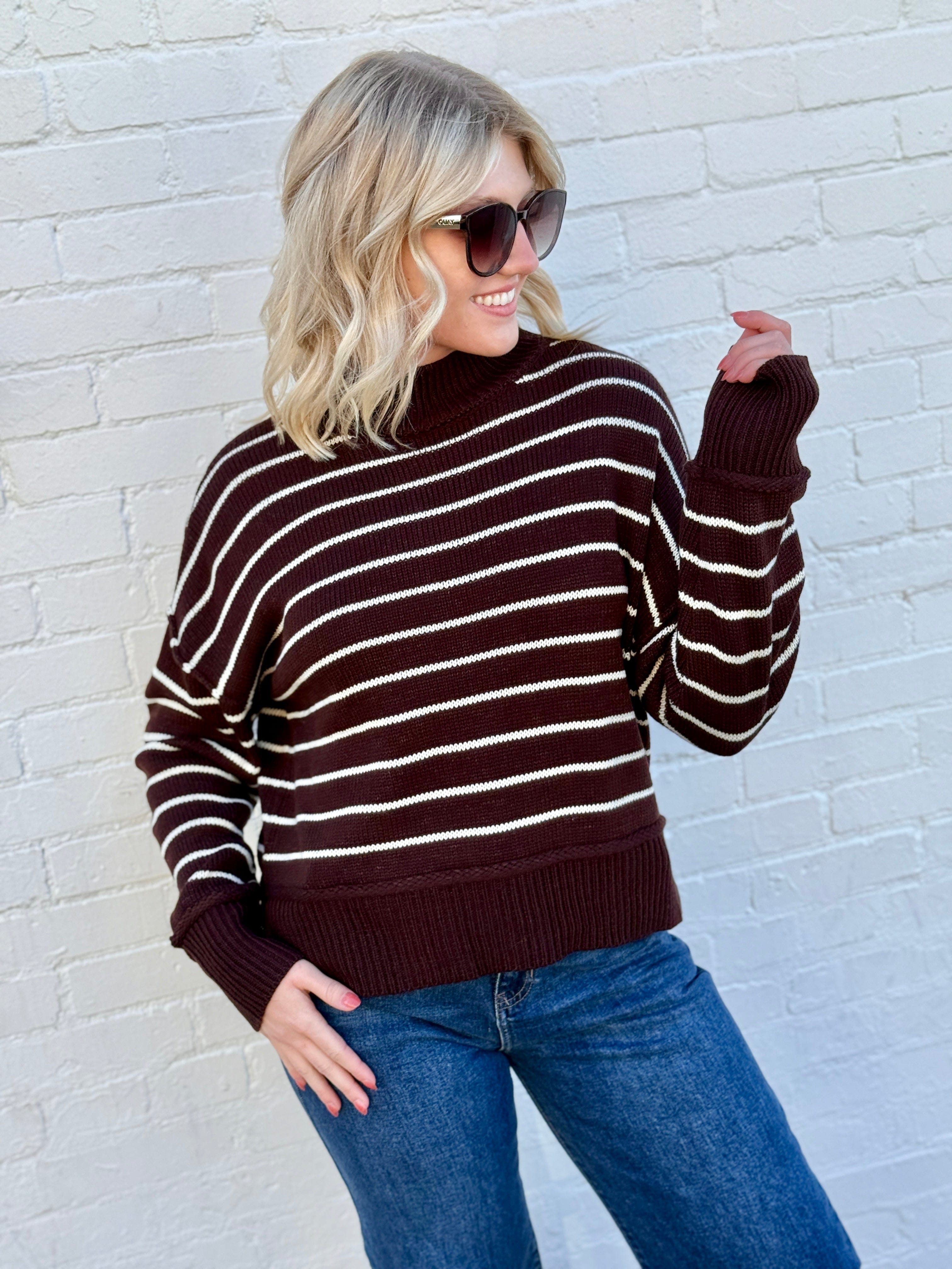 blu pepper Tops - Sweaters High Neck Stripe Sweater In Brown