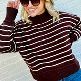 blu pepper Tops - Sweaters High Neck Stripe Sweater In Brown