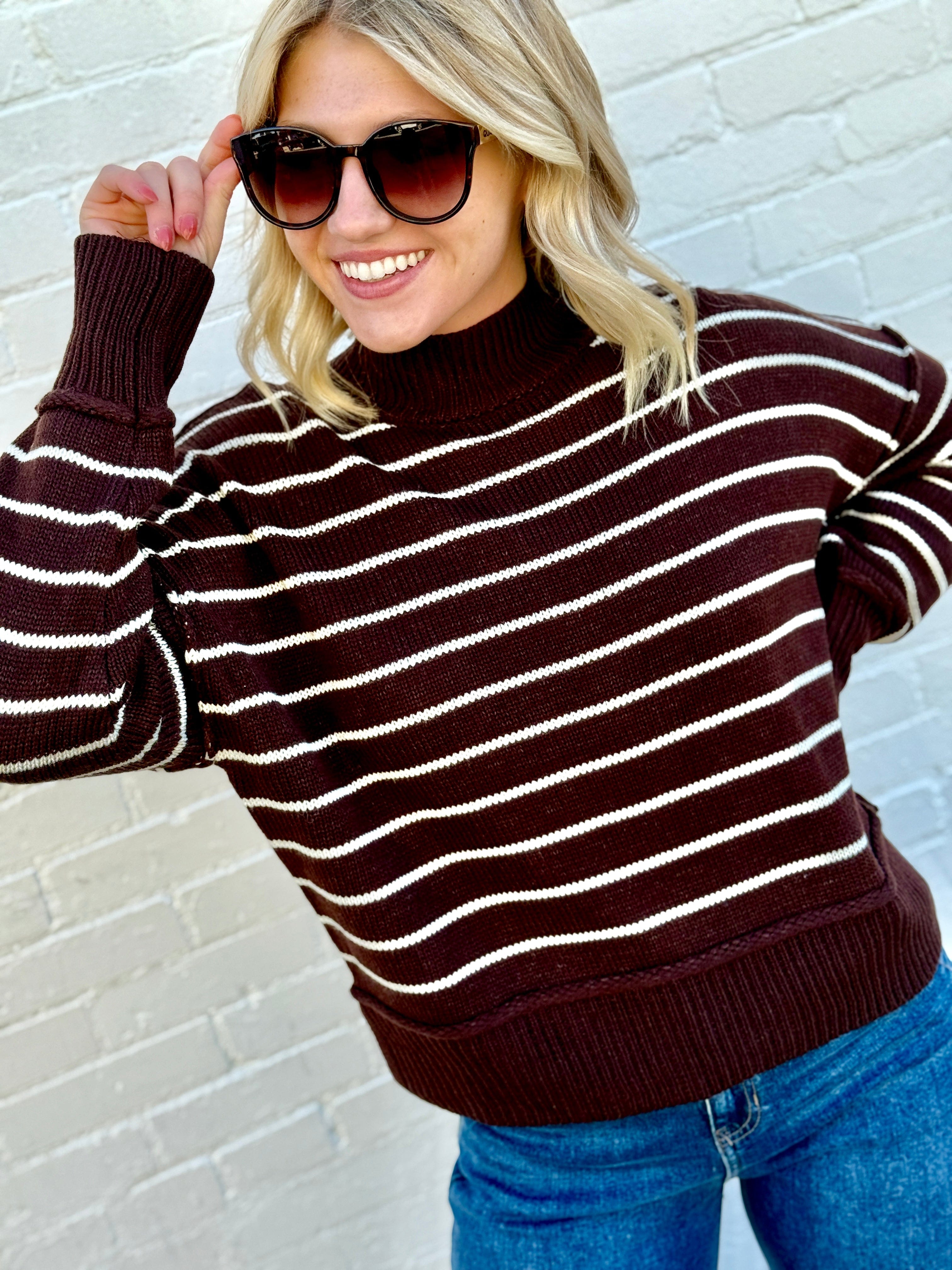 blu pepper Tops - Sweaters High Neck Stripe Sweater In Brown