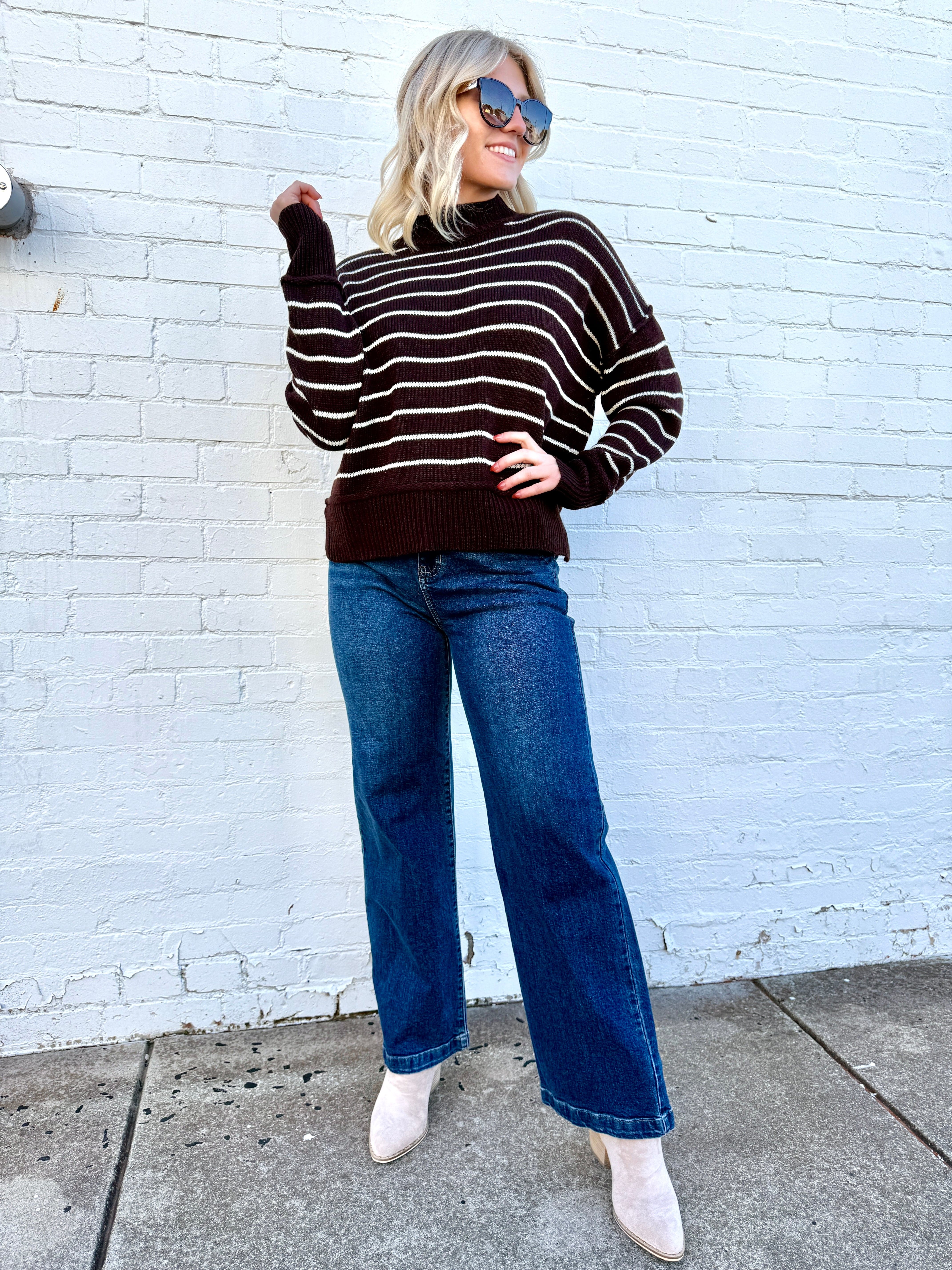 blu pepper Tops - Sweaters High Neck Stripe Sweater In Brown