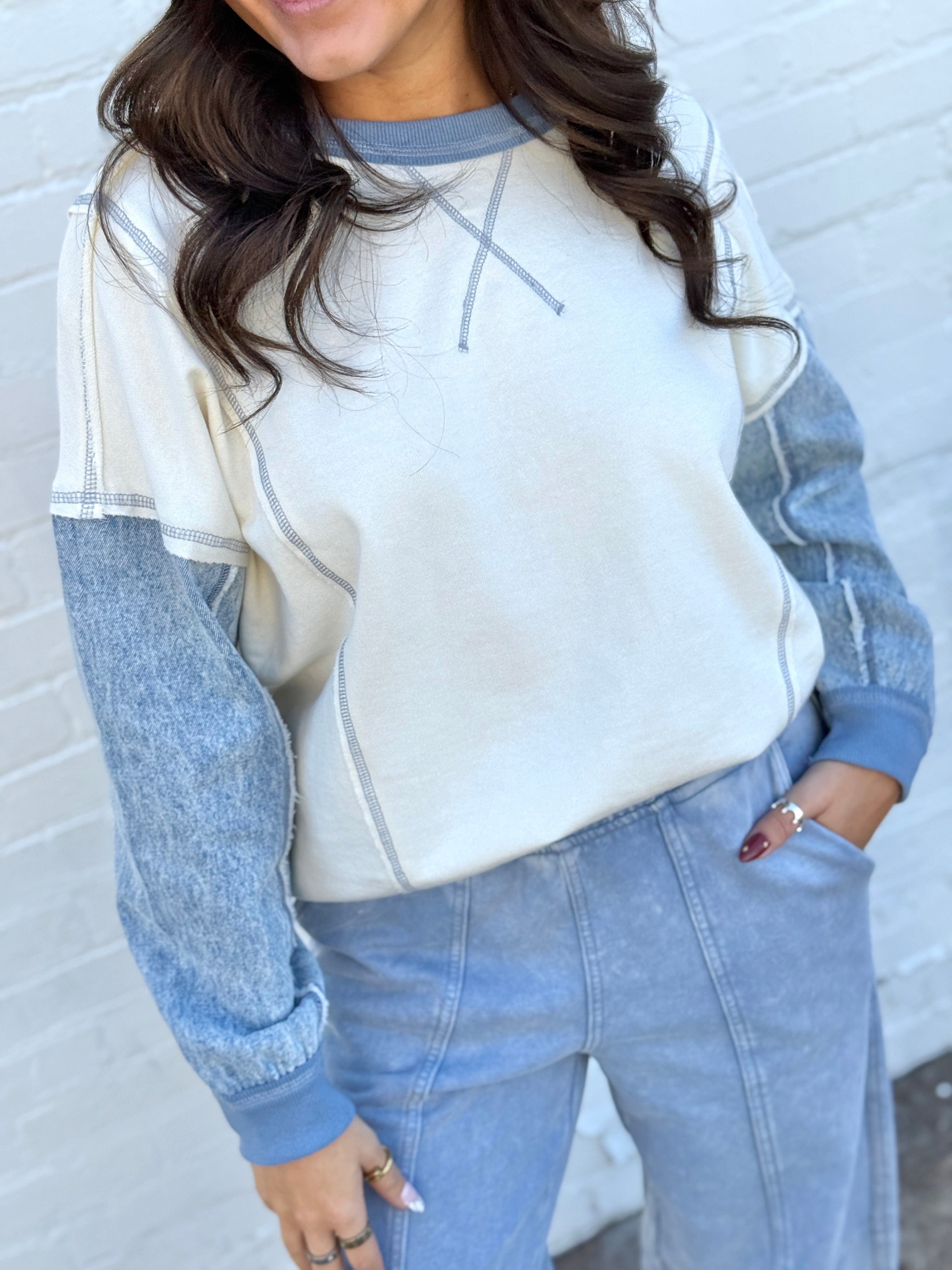 blu pepper Tops - Sweaters Mix Media Denim Top In Cream