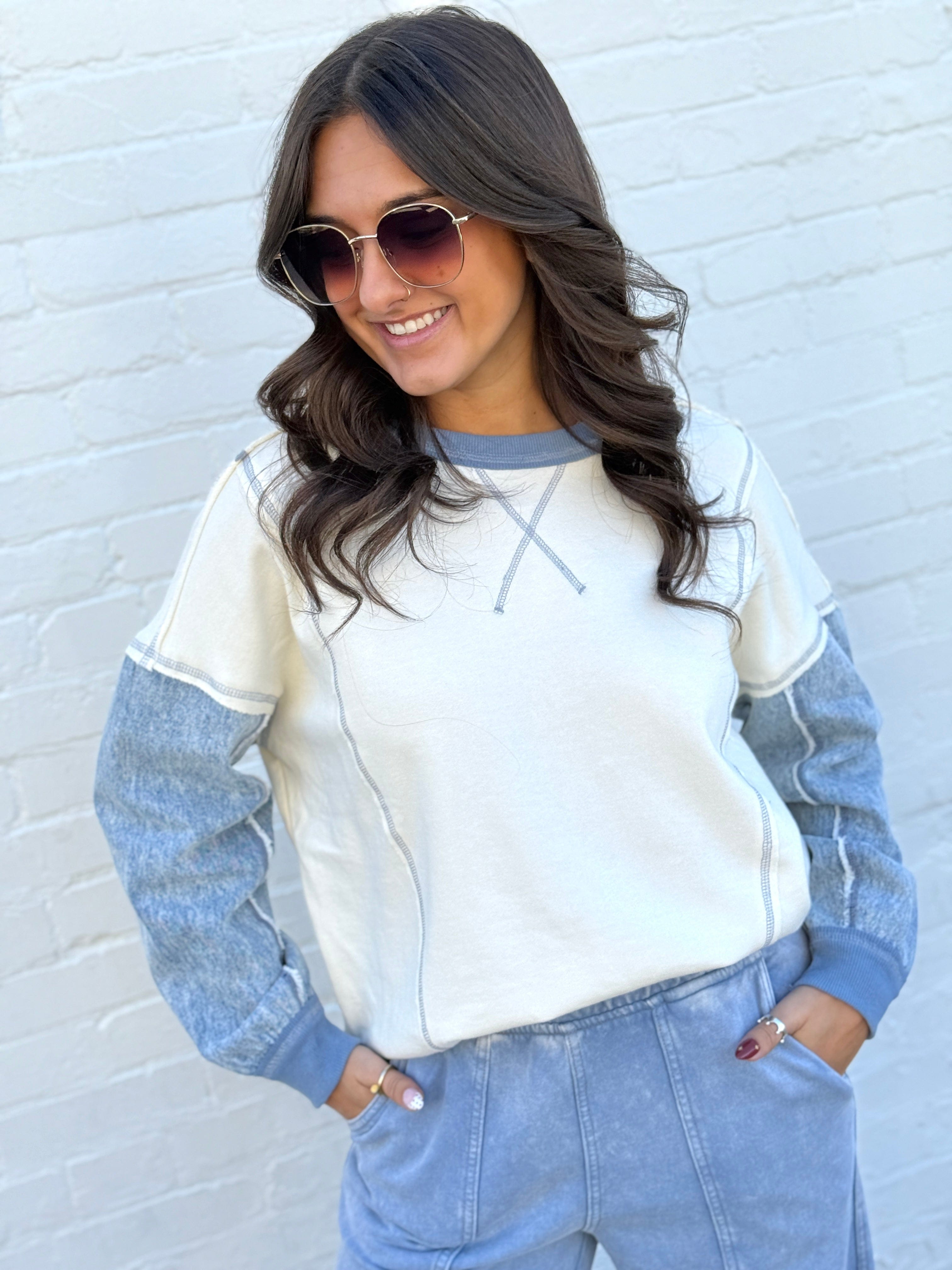 blu pepper Tops - Sweaters Mix Media Denim Top In Cream