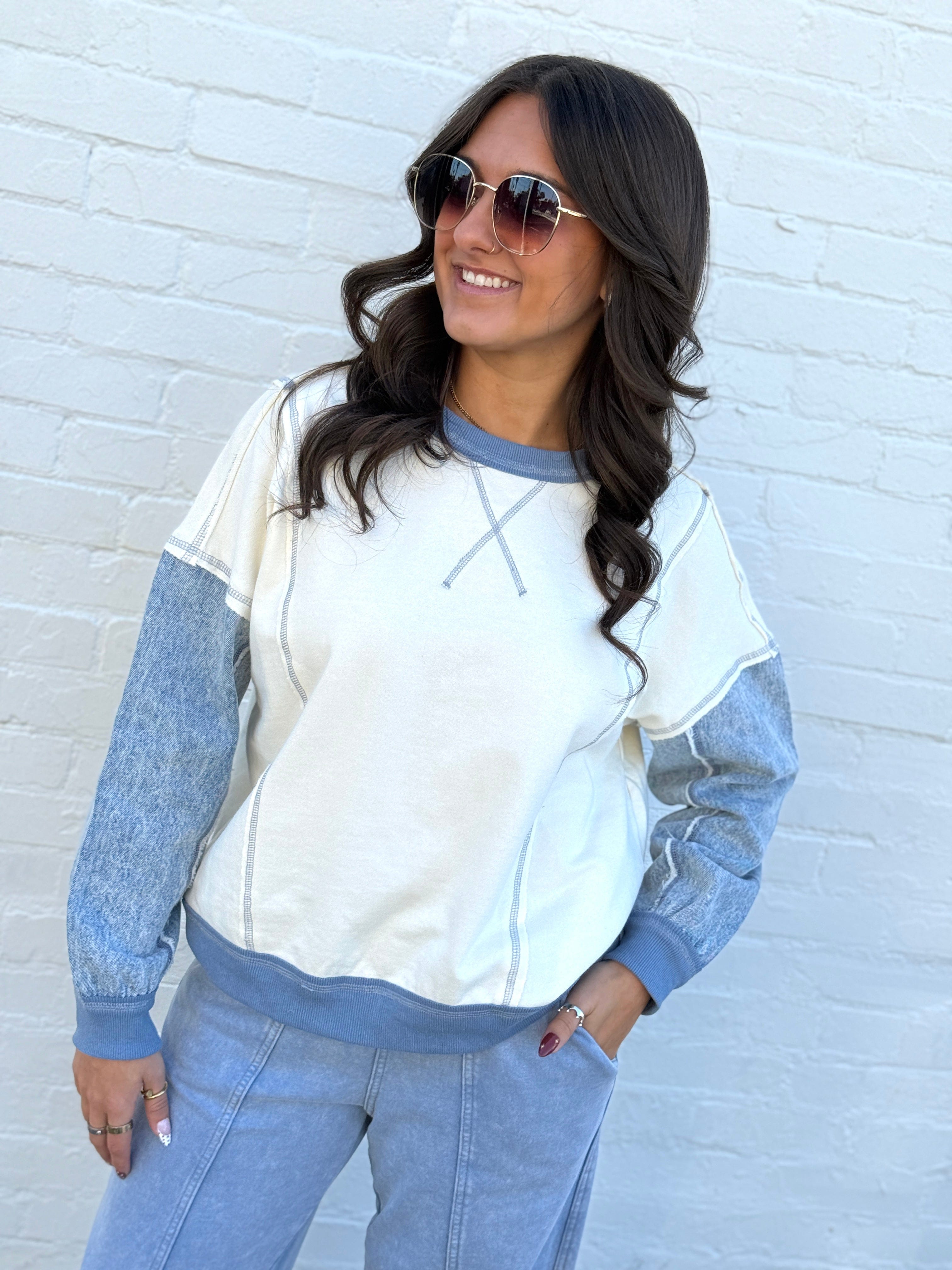blu pepper Tops - Sweaters Mix Media Denim Top In Cream