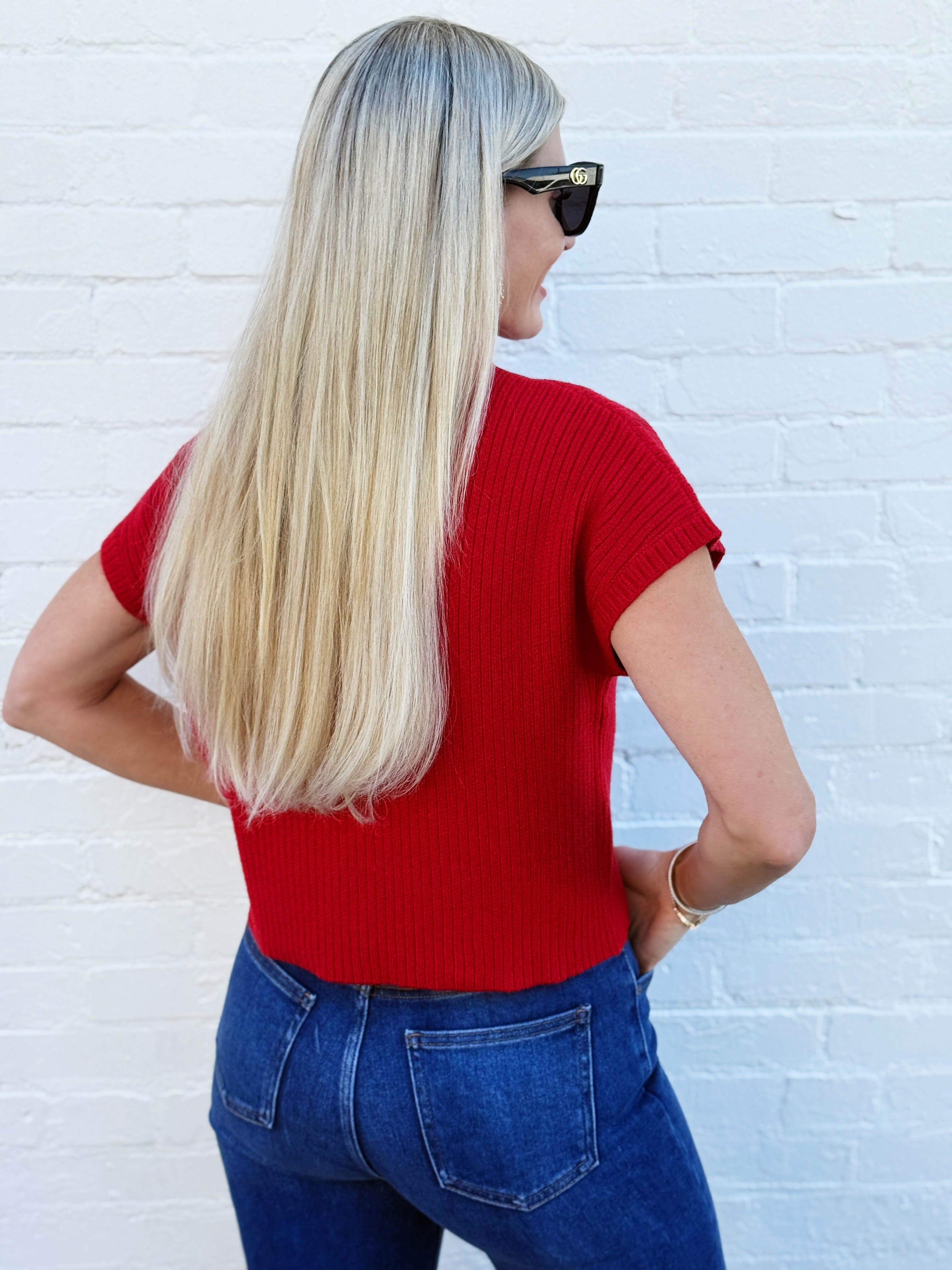 blu pepper Tops - Sweaters Mock Neck Pocket Detail Sweater In Red