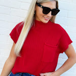 blu pepper Tops - Sweaters Mock Neck Pocket Detail Sweater In Red