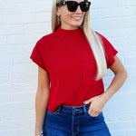 blu pepper Tops - Sweaters Mock Neck Pocket Detail Sweater In Red
