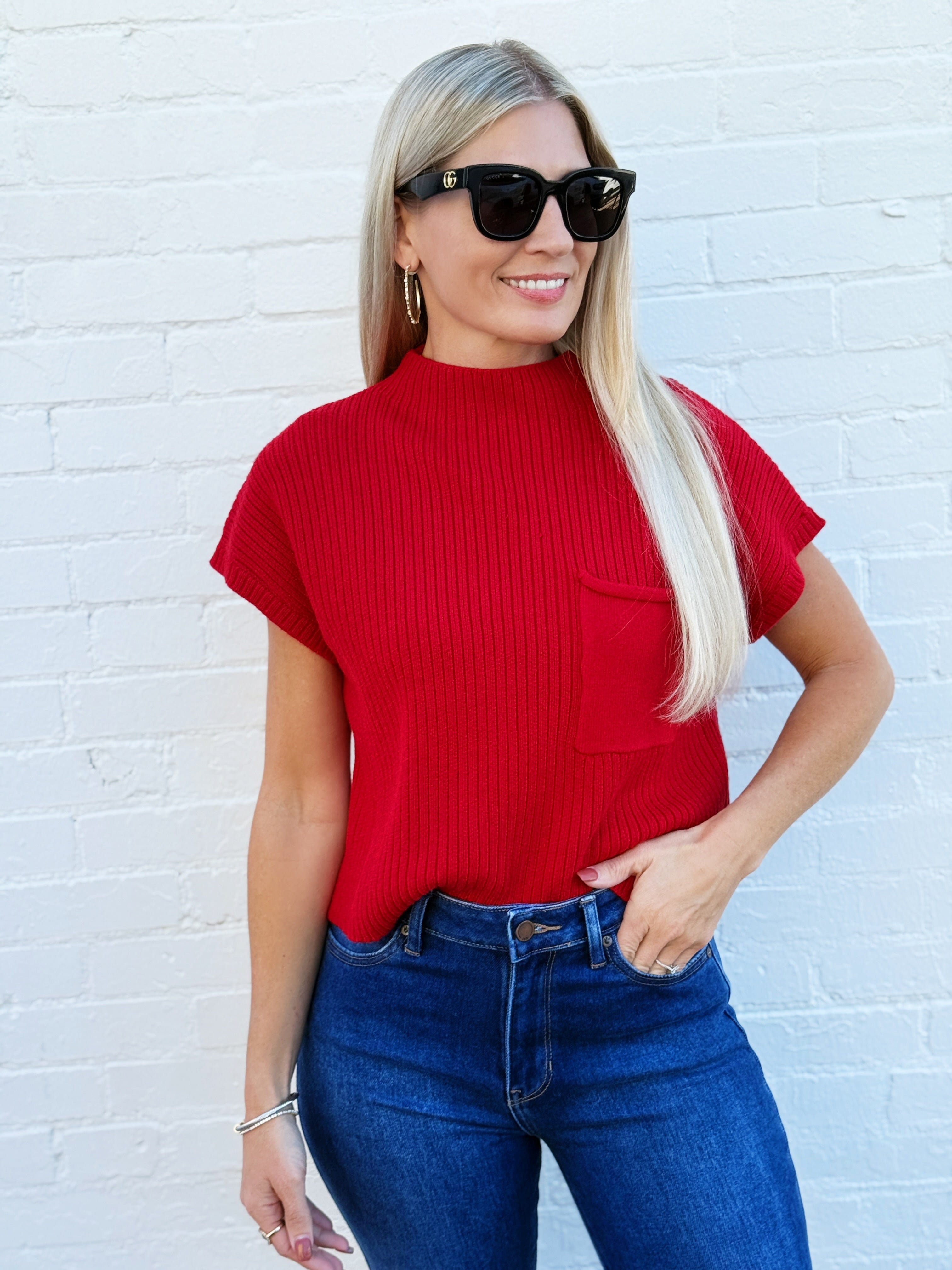 blu pepper Tops - Sweaters Mock Neck Pocket Detail Sweater In Red