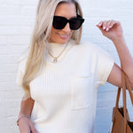 blu pepper Tops - Sweaters Mock Neck Pocket Short Sleeve In Cream