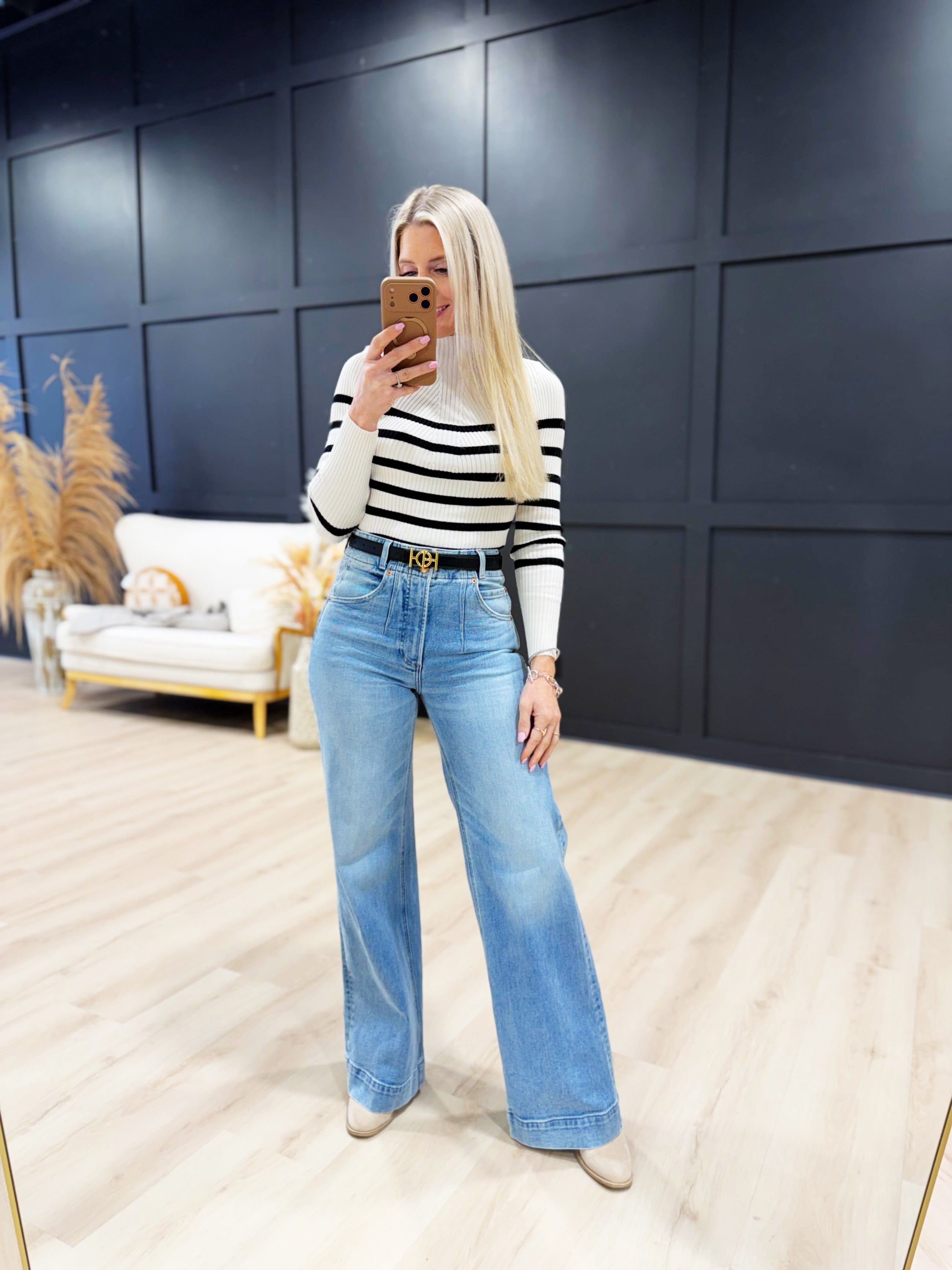 blu pepper Tops - Sweaters Mock Neck Stripe Long Sleeve Knit Pullover in Ivory