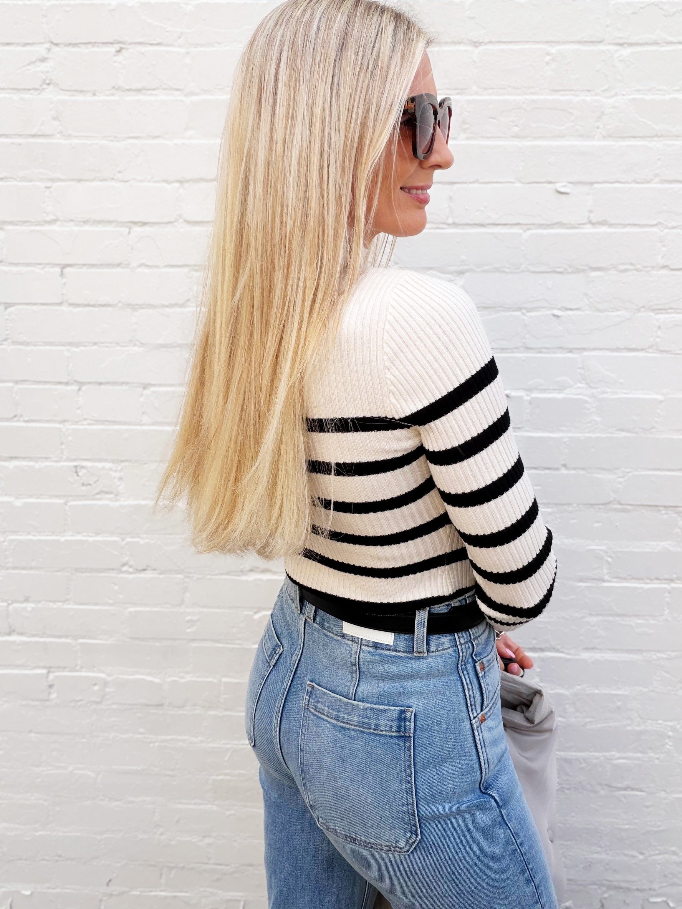 blu pepper Tops - Sweaters Mock Neck Stripe Long Sleeve Knit Pullover in Ivory