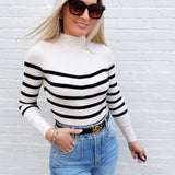 blu pepper Tops - Sweaters Mock Neck Stripe Long Sleeve Knit Pullover in Ivory