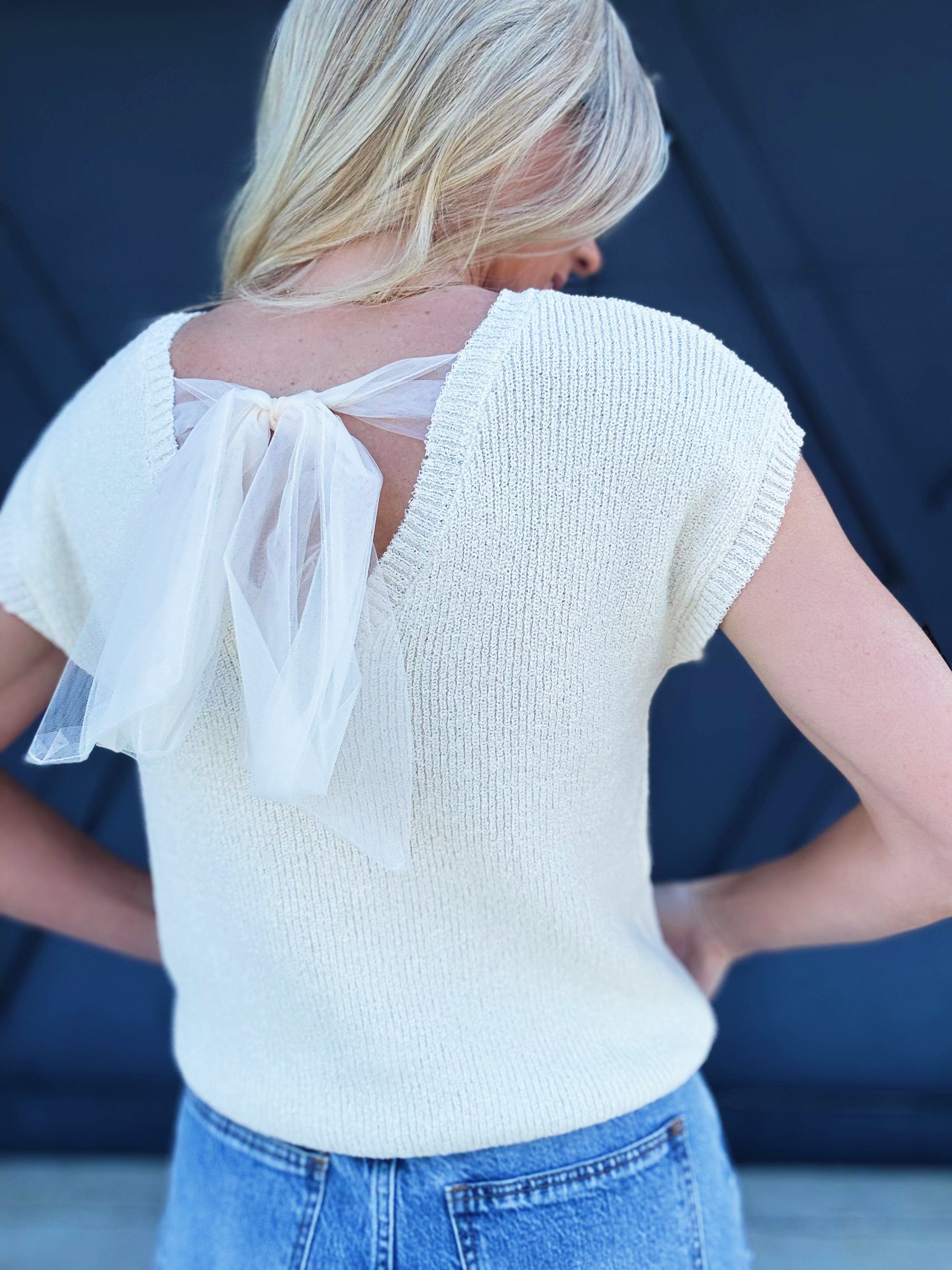 Sheer Back Tie Knit Sweater In Cream - Infinity Raine