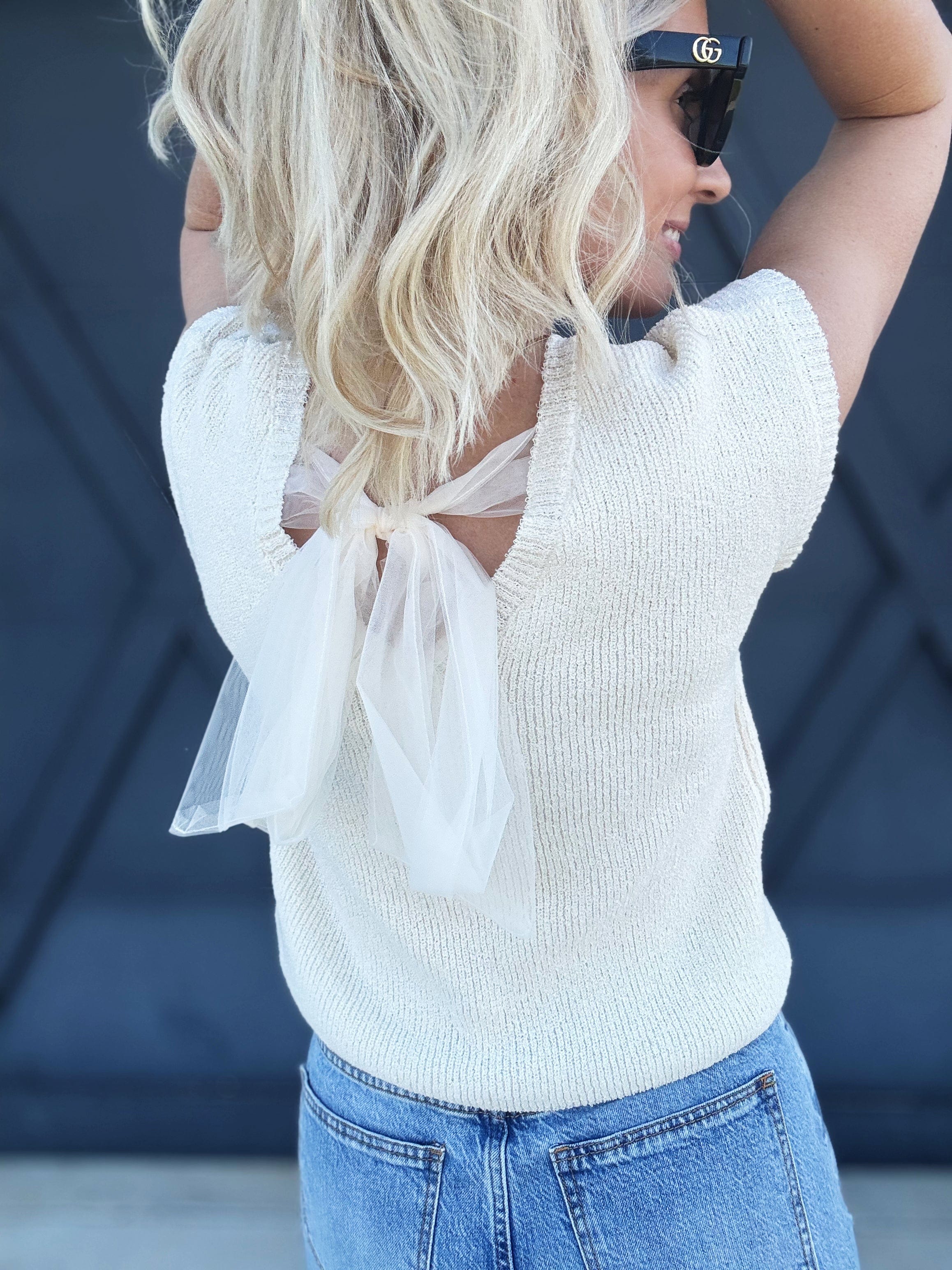 Sheer Back Tie Knit Sweater In Cream - Infinity Raine