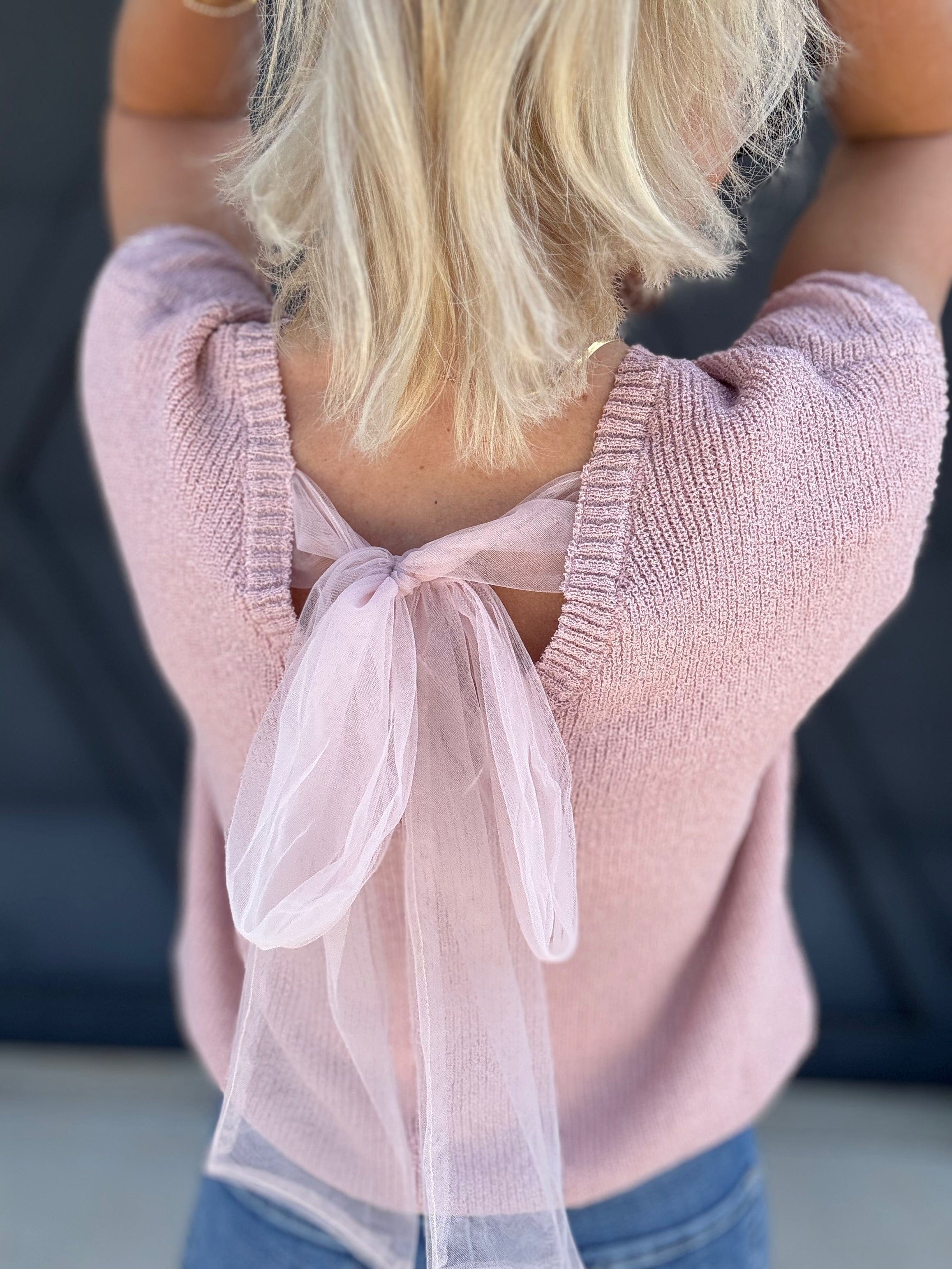 blu pepper Tops - Sweaters Sheer Back Tie Knit Sweater In Dusty Pink