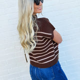 blu pepper Tops - Sweaters Stripe Mock Neck Sweater In Chocolate