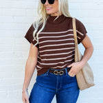 blu pepper Tops - Sweaters Stripe Mock Neck Sweater In Chocolate