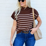 blu pepper Tops - Sweaters Stripe Mock Neck Sweater In Chocolate