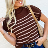 blu pepper Tops - Sweaters Stripe Mock Neck Sweater In Chocolate