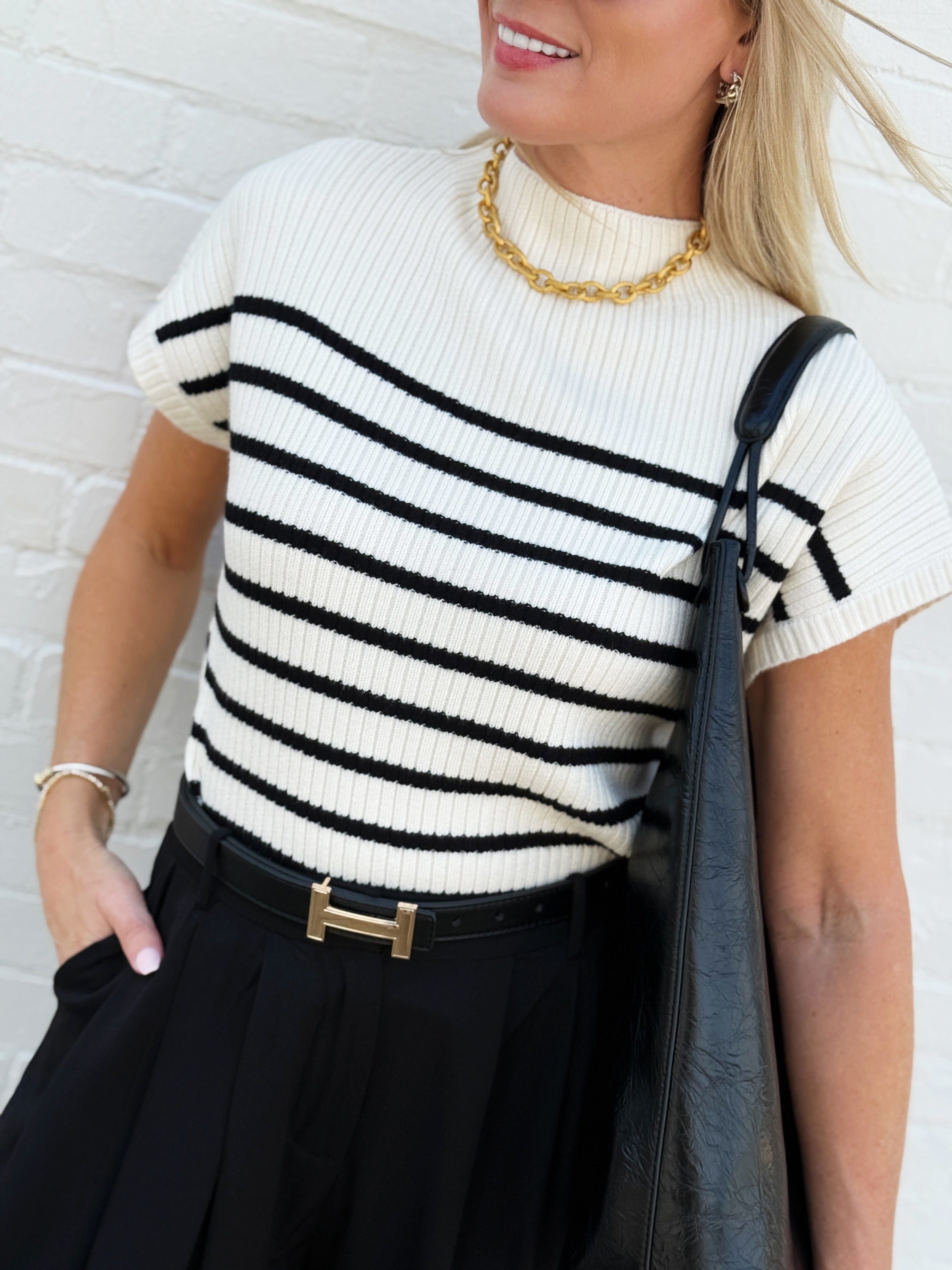 Stripe Mock Neck Sweater In Ivory - Infinity Raine