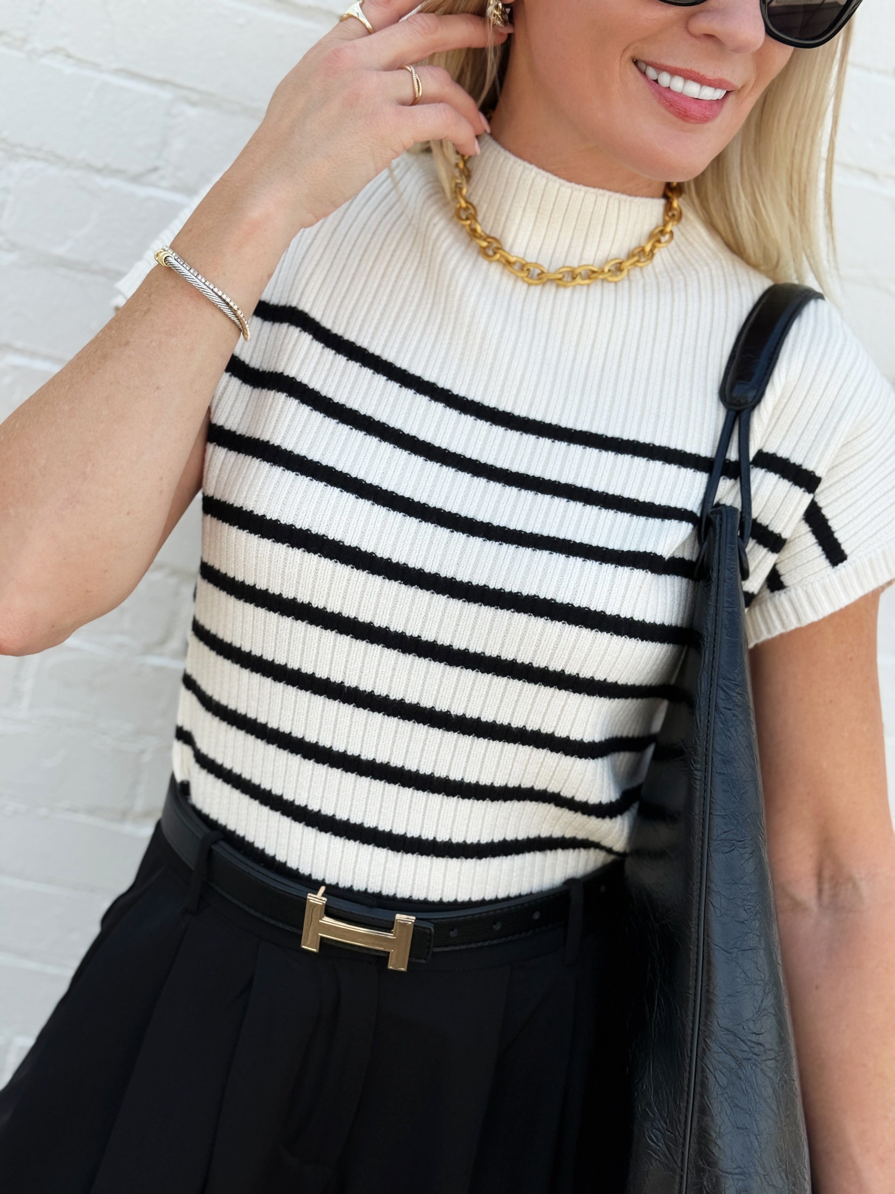 Stripe Mock Neck Sweater In Ivory - Infinity Raine