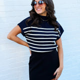 blu pepper Tops - Sweaters Stripe Mock Neck Sweater In Navy