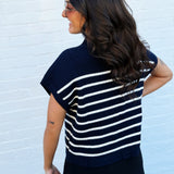 blu pepper Tops - Sweaters Stripe Mock Neck Sweater In Navy