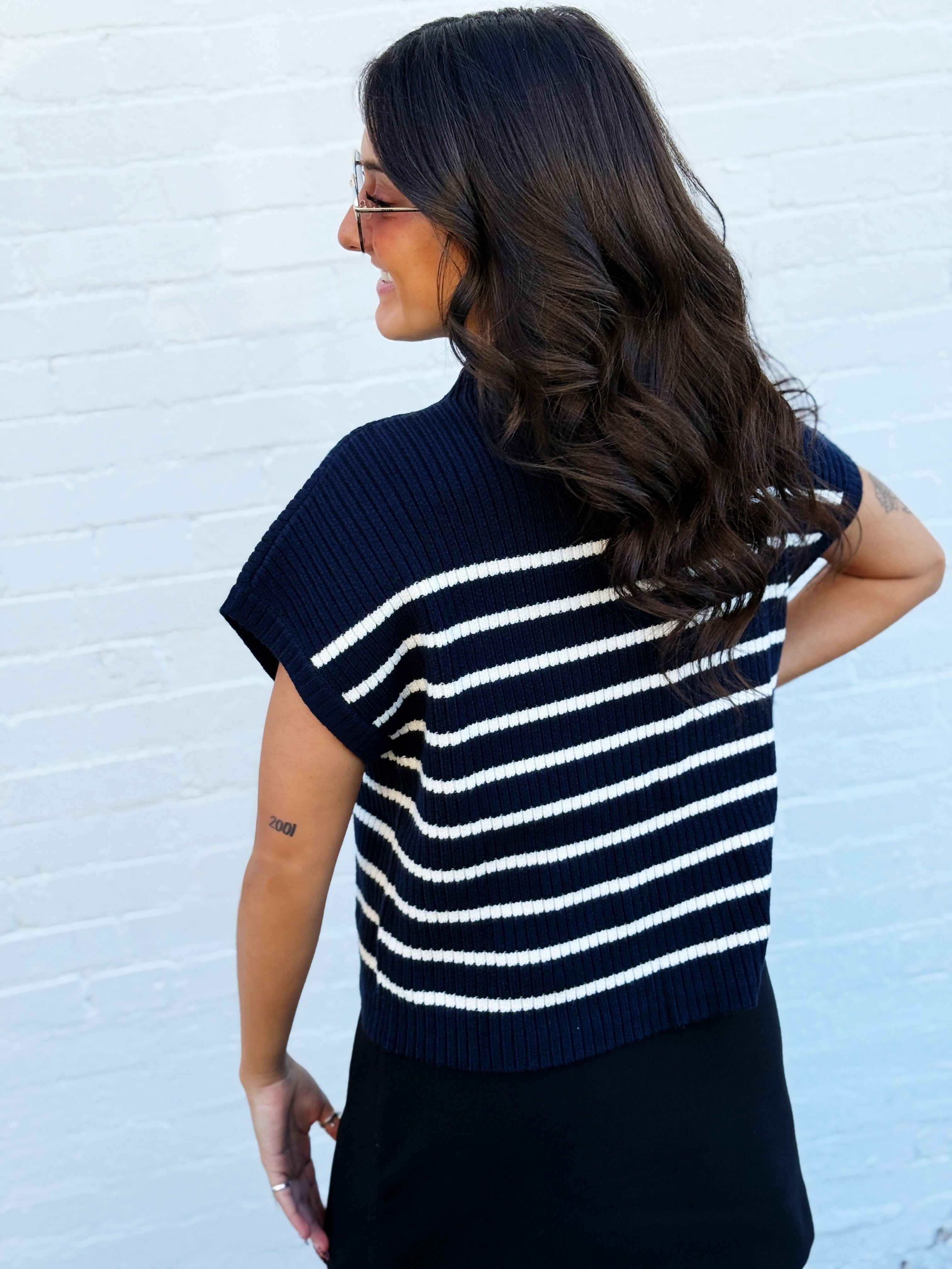 blu pepper Tops - Sweaters Stripe Mock Neck Sweater In Navy