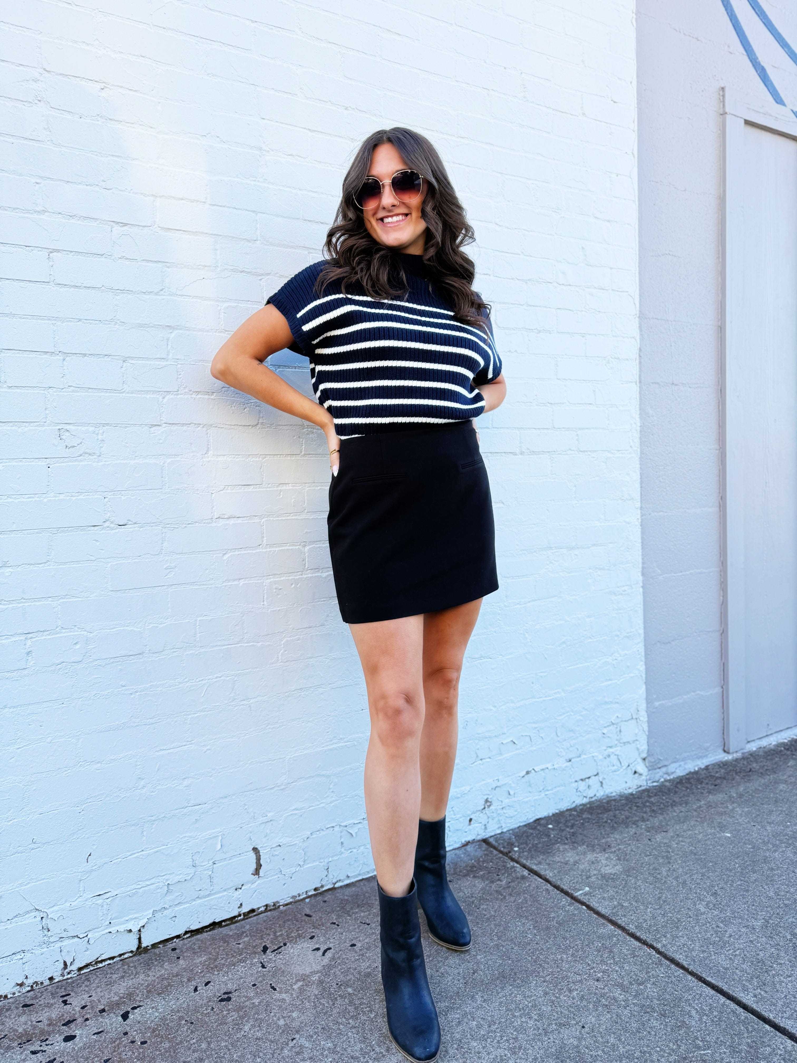 blu pepper Tops - Sweaters Stripe Mock Neck Sweater In Navy