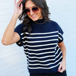 blu pepper Tops - Sweaters Stripe Mock Neck Sweater In Navy