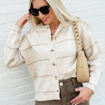 Stripe Round Neck Button Down Cardigan In Oatmeal - Infinity Raine