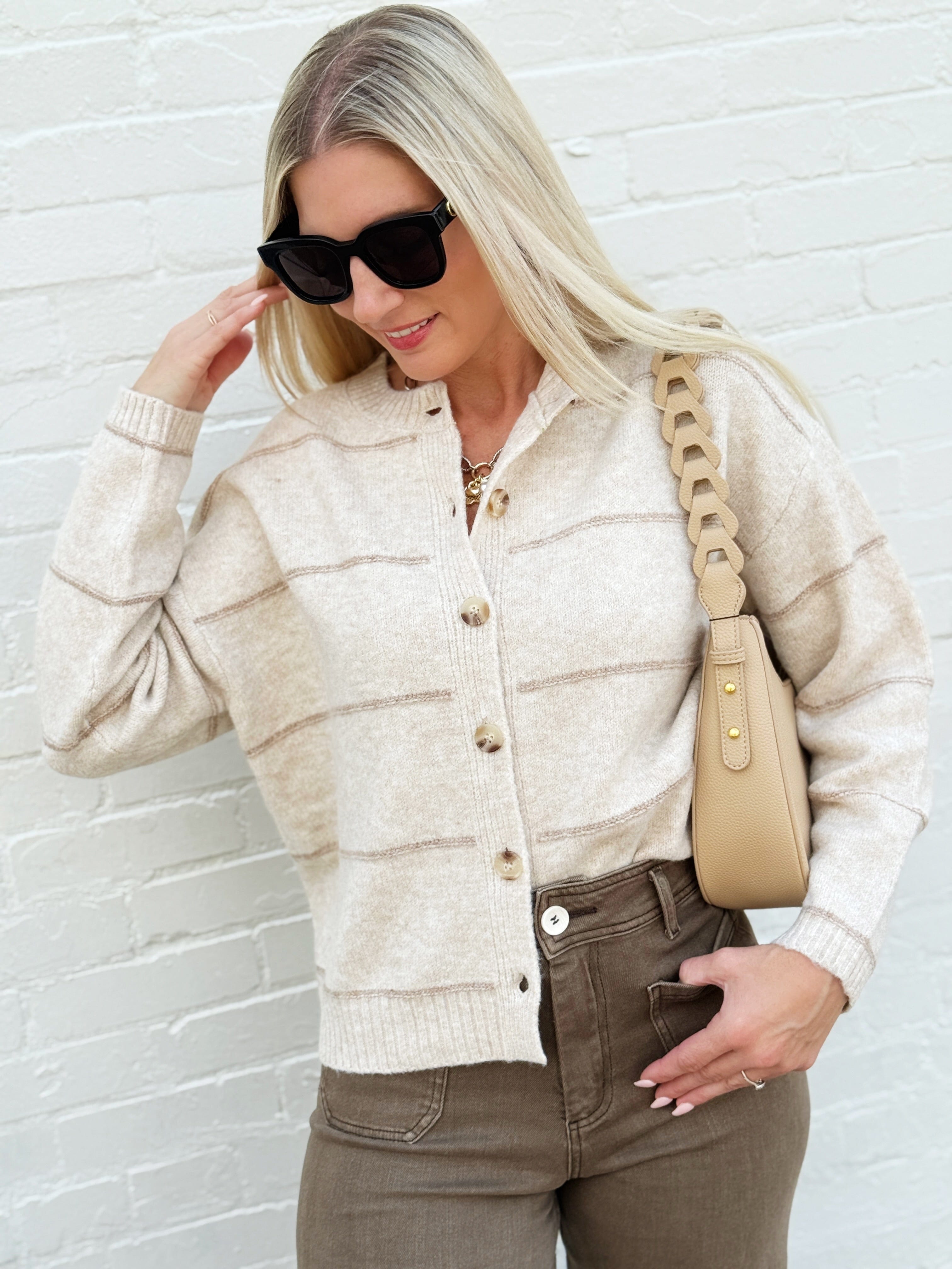 Stripe Round Neck Button Down Cardigan In Oatmeal - Infinity Raine