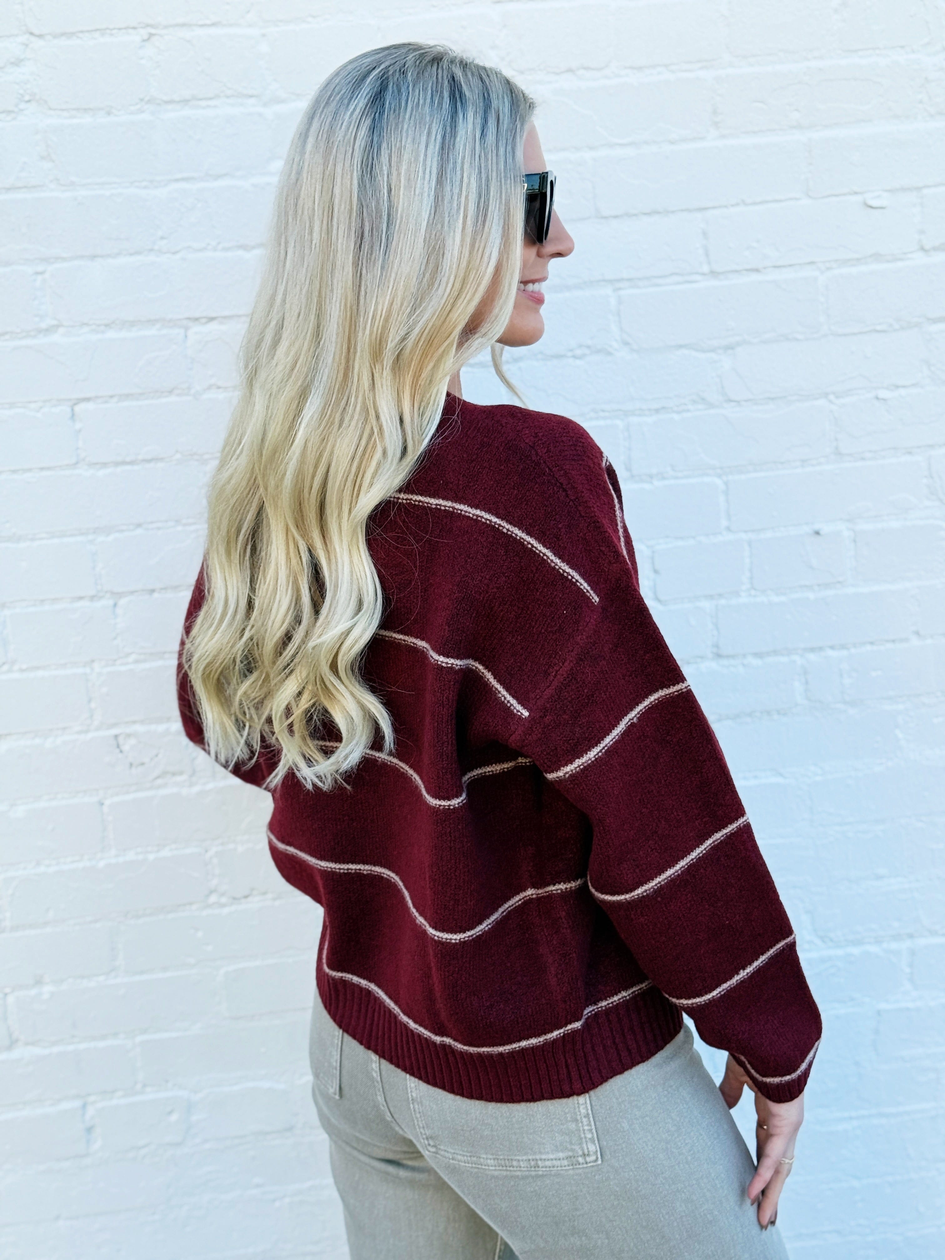 blu pepper Tops - Sweaters Stripe Round Neck Button Down Cardigan In Redwood