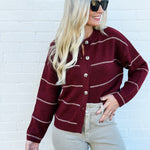 blu pepper Tops - Sweaters Stripe Round Neck Button Down Cardigan In Redwood