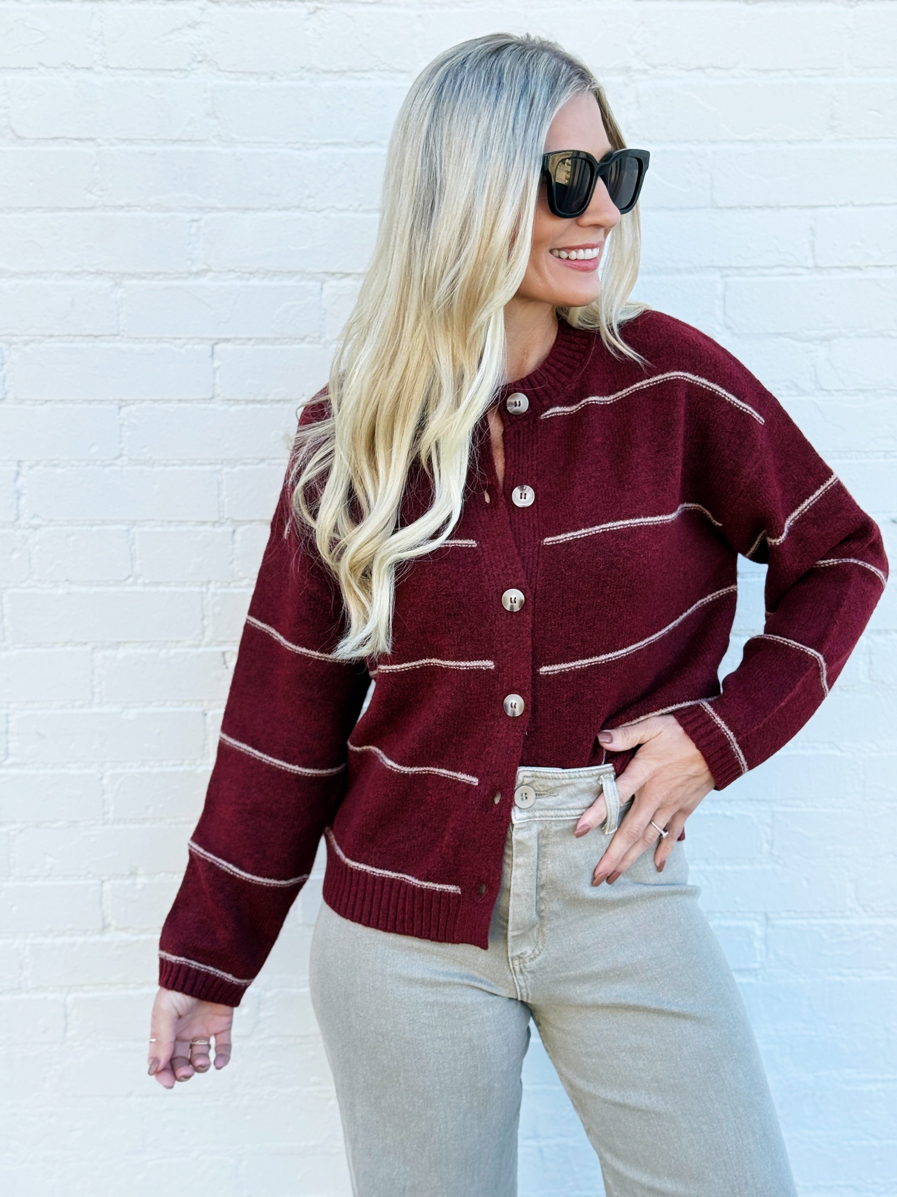 blu pepper Tops - Sweaters Stripe Round Neck Button Down Cardigan In Redwood