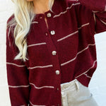 blu pepper Tops - Sweaters Stripe Round Neck Button Down Cardigan In Redwood