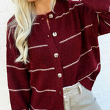 blu pepper Tops - Sweaters Stripe Round Neck Button Down Cardigan In Redwood
