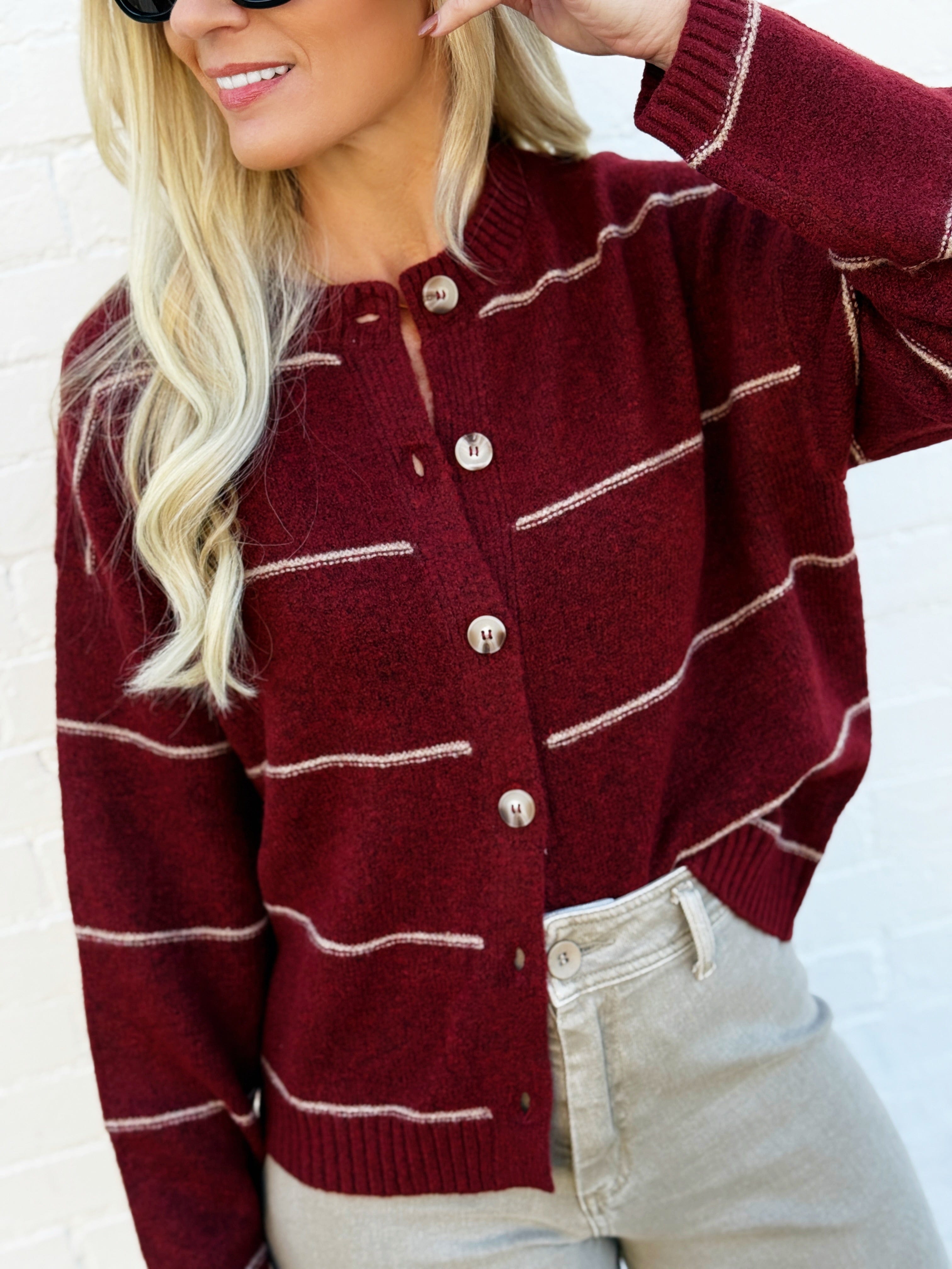 blu pepper Tops - Sweaters Stripe Round Neck Button Down Cardigan In Redwood