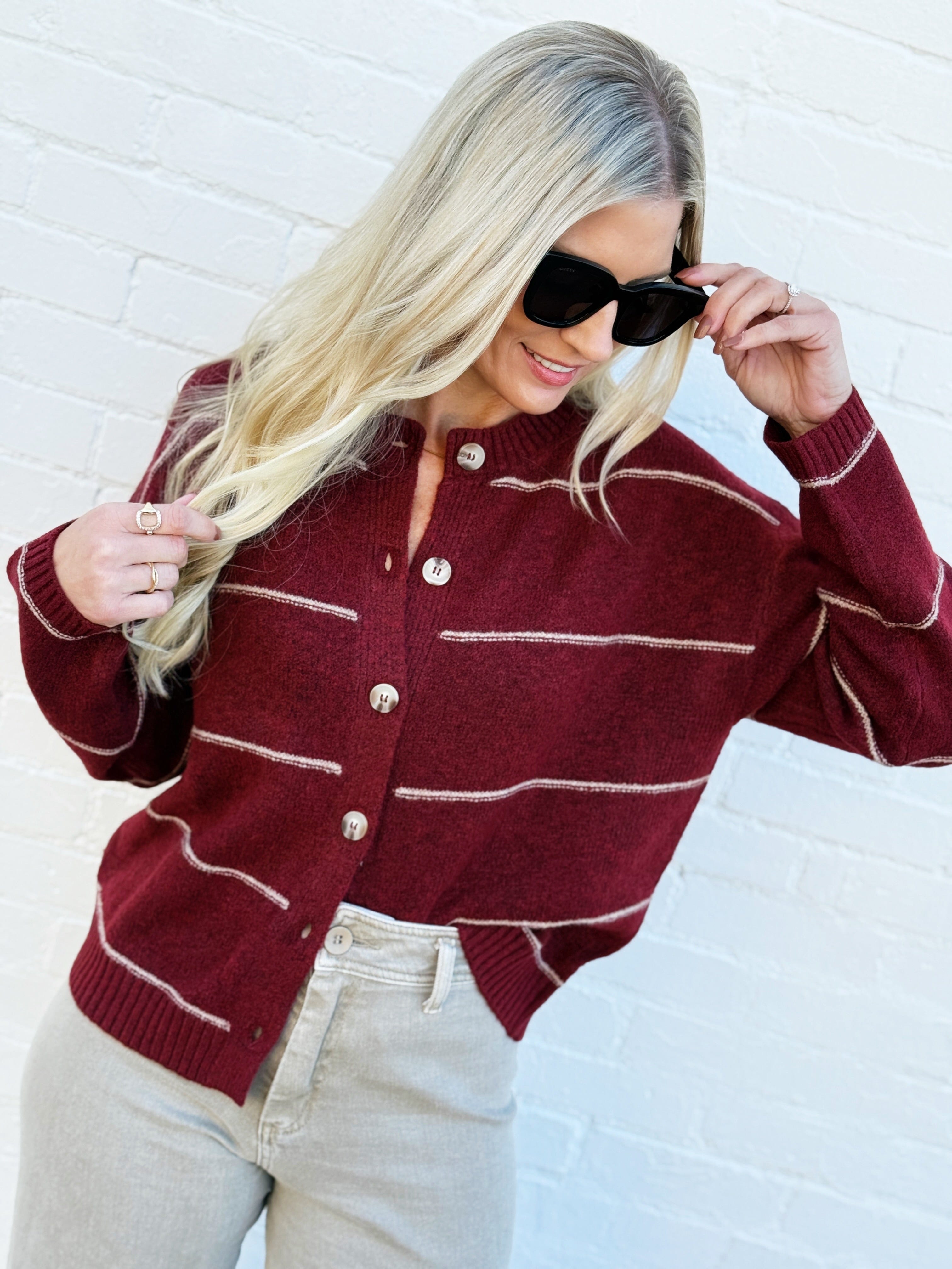 blu pepper Tops - Sweaters Stripe Round Neck Button Down Cardigan In Redwood