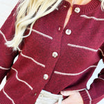 blu pepper Tops - Sweaters Stripe Round Neck Button Down Cardigan In Redwood