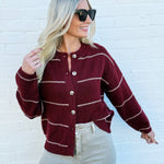 blu pepper Tops - Sweaters Stripe Round Neck Button Down Cardigan In Redwood
