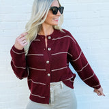 blu pepper Tops - Sweaters Stripe Round Neck Button Down Cardigan In Redwood