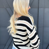 Striped Eyelet Knit Pullover Sweater In Black - Infinity Raine