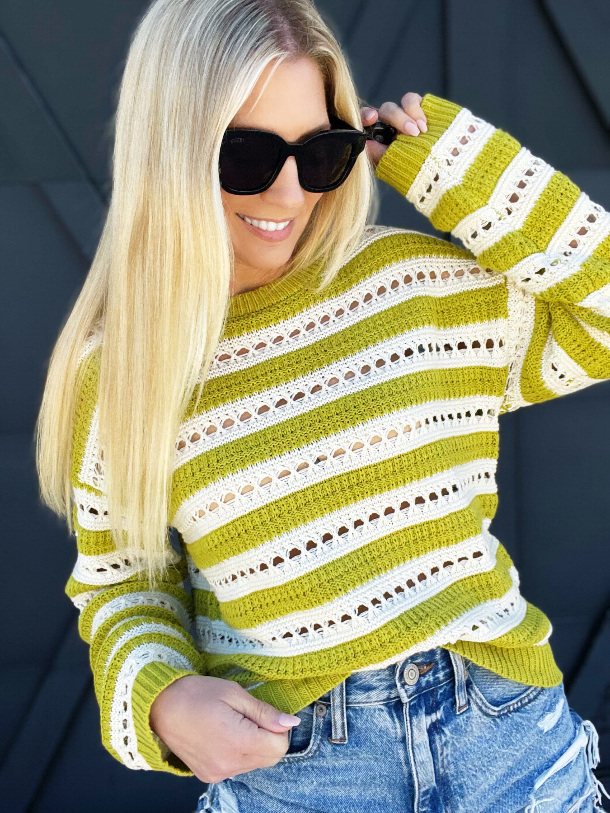 Striped Eyelet Knit Pullover Sweater In Kiwi - Infinity Raine