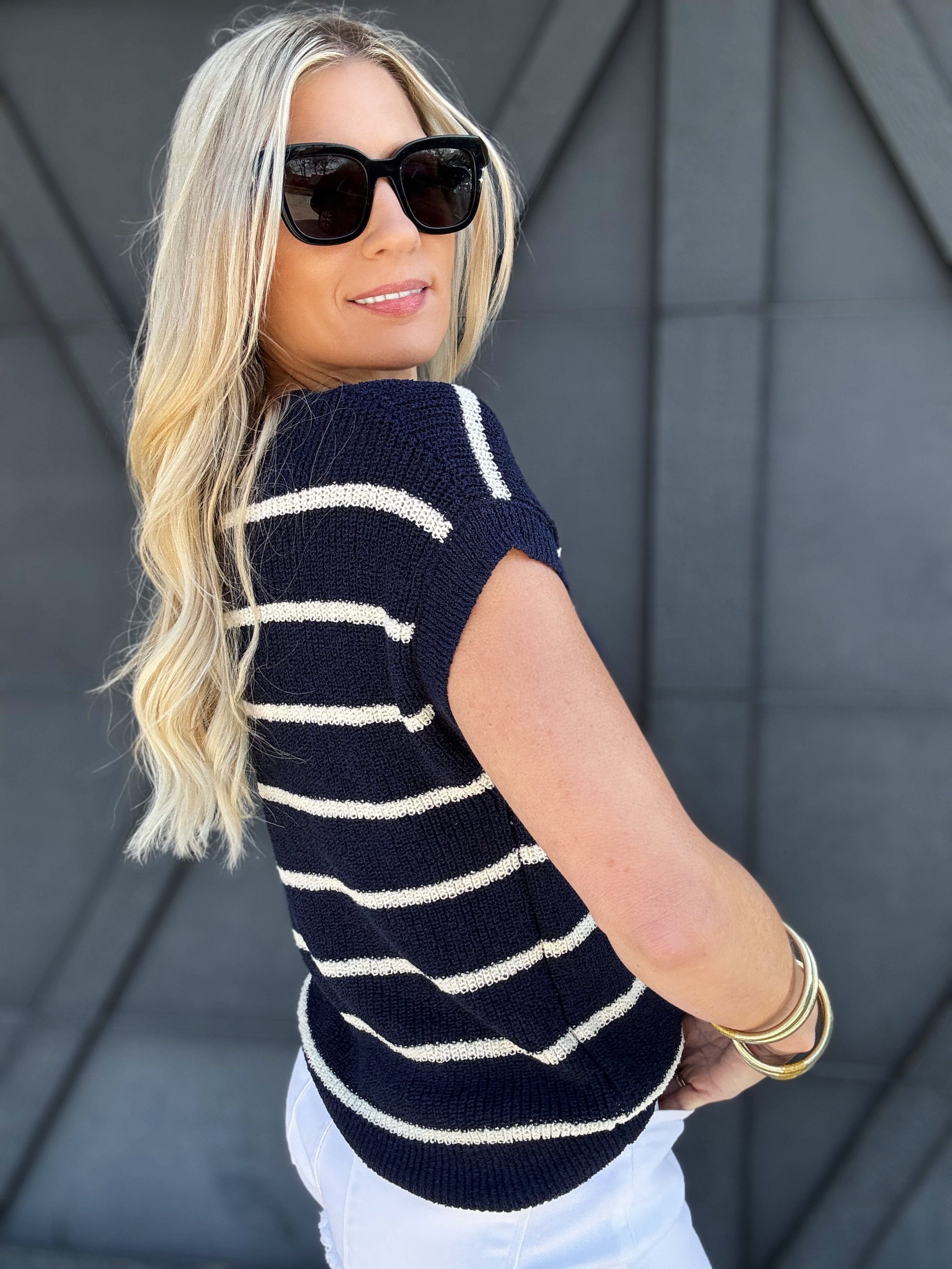 Striped Knit Sweater In Navy - Infinity Raine